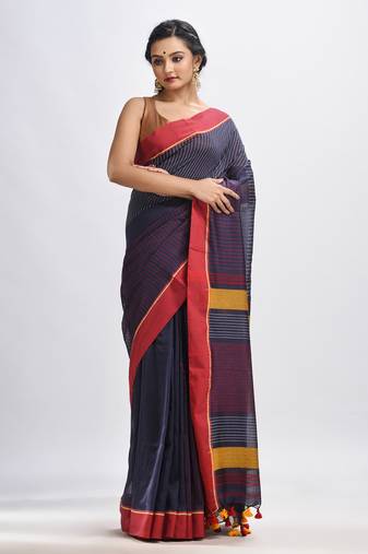 Dark grey cotton with red border handwoven jamdani saree
