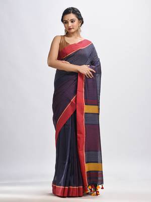 Dark grey cotton with red border handwoven jamdani saree 1