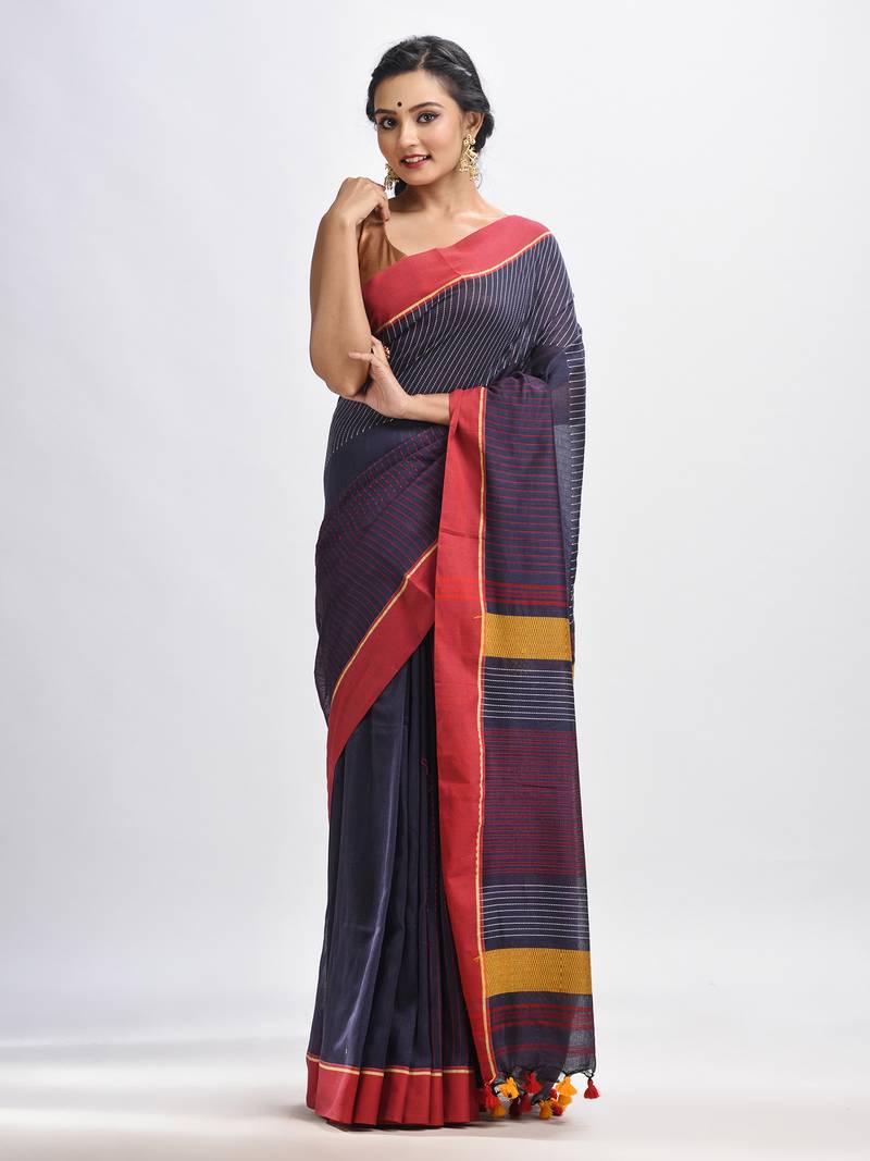 Dark grey cotton with red border handwoven jamdani saree