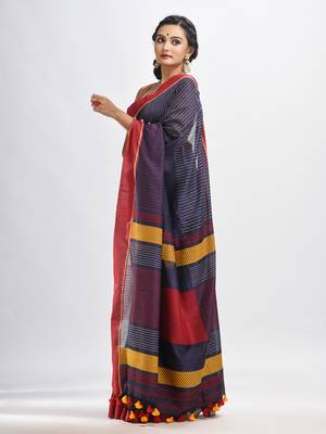 Dark grey cotton with red border handwoven jamdani saree 3