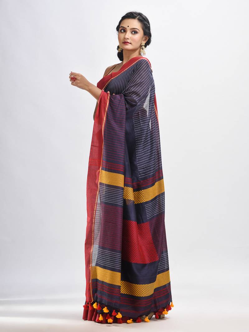Dark grey cotton with red border handwoven jamdani saree