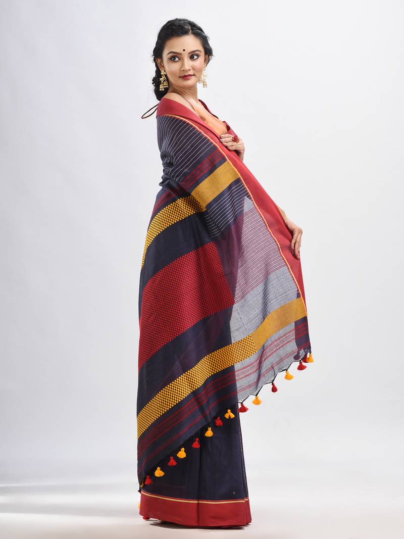 Dark grey cotton with red border handwoven jamdani saree