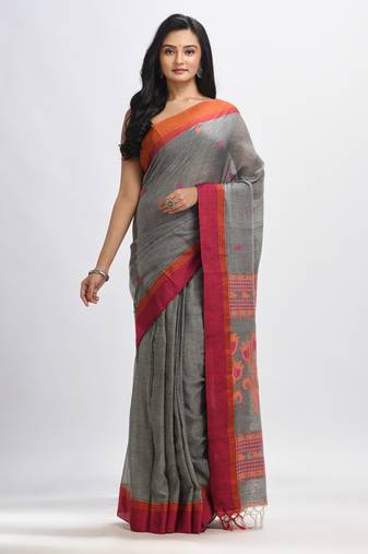 Grey cotton Jacquard jamdani saree