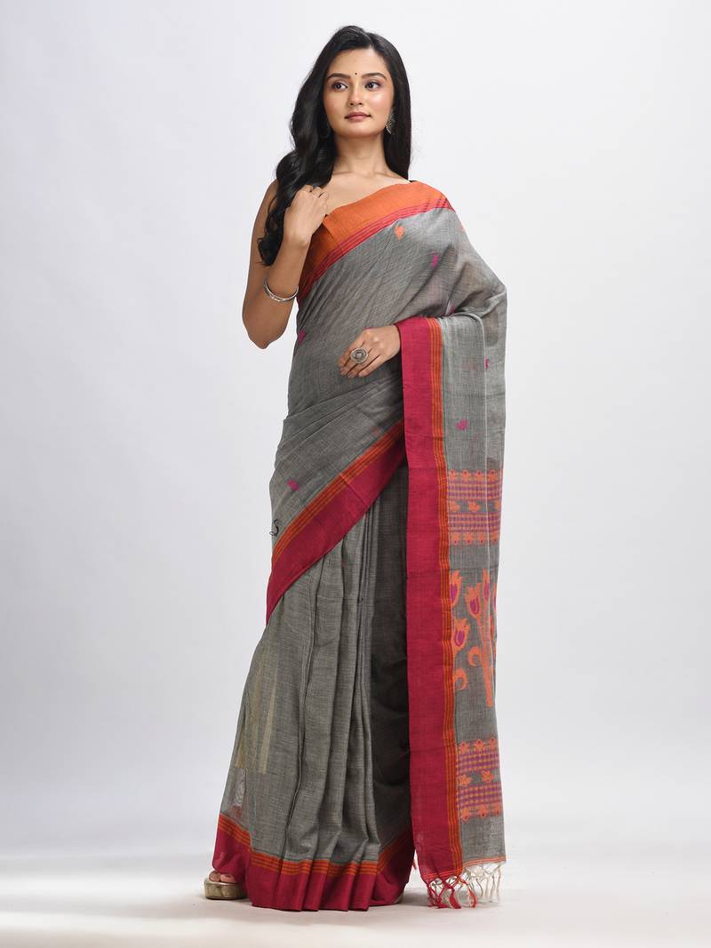 Grey cotton Jacquard jamdani saree