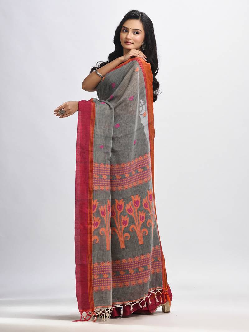 Grey cotton Jacquard jamdani saree