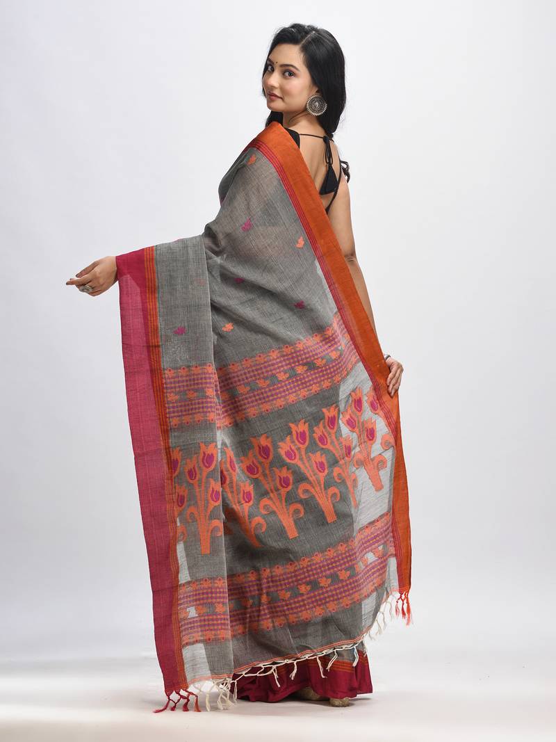 Grey cotton Jacquard jamdani saree