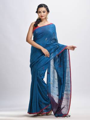 Turquoise cotton pallu stipe handwoven jamdani saree 1
