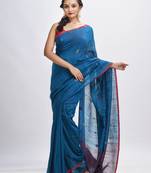 Turquoise cotton pallu stipe handwoven jamdani saree