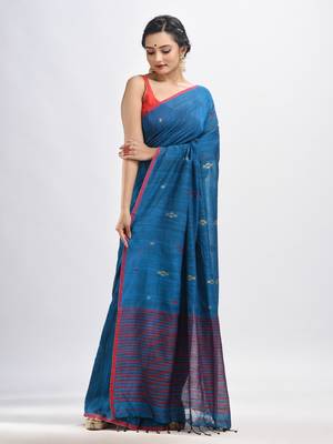 Turquoise cotton pallu stipe handwoven jamdani saree 2
