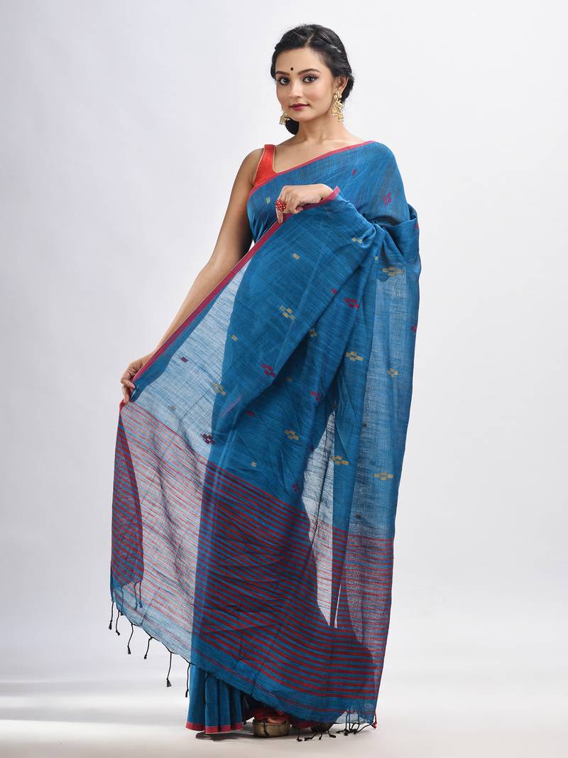 Turquoise cotton pallu stipe handwoven jamdani saree