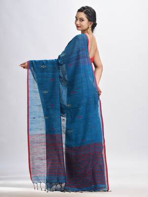 Turquoise cotton pallu stipe handwoven jamdani saree 4