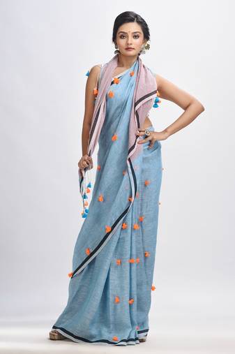 Sky blue linen all body pom pom with pallu stipe handwoven saree