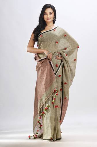 Sege green linen all body pom pom with pallu stipe handwoven saree