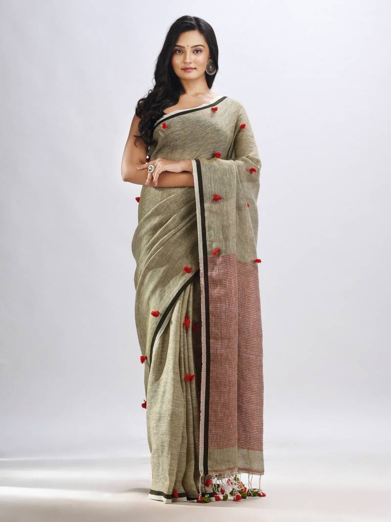 Sege green linen all body pom pom with pallu stipe handwoven saree