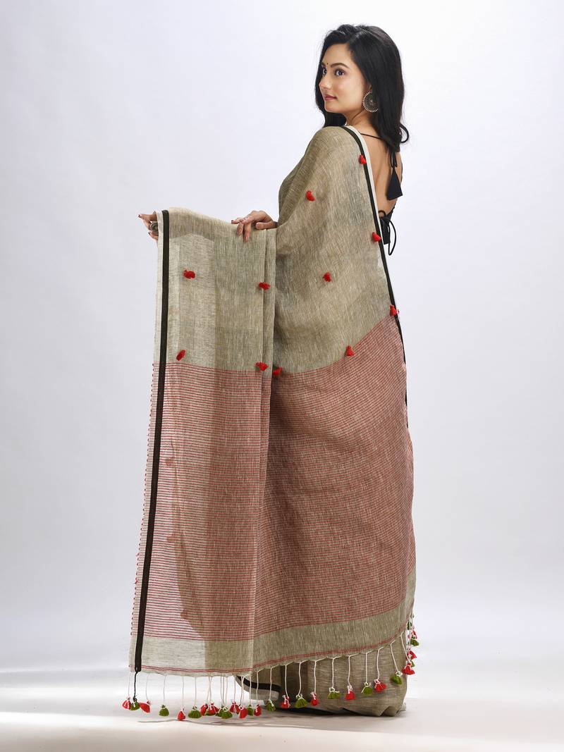 Sege green linen all body pom pom with pallu stipe handwoven saree
