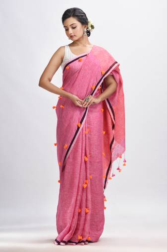 Livid pink linen all body pom pom with pallu stipe handwoven saree