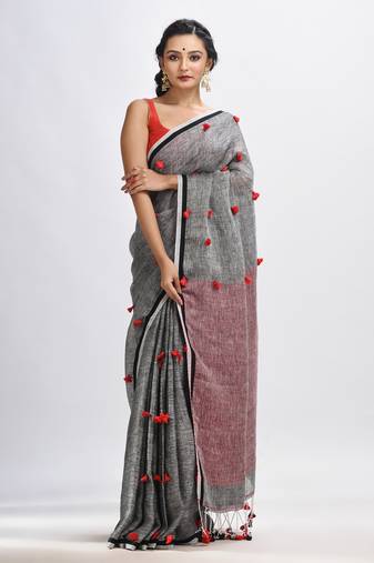 Grey linen all body pom pom with pallu stipe handwoven saree