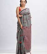 Grey linen all body pom pom with pallu stipe handwoven saree