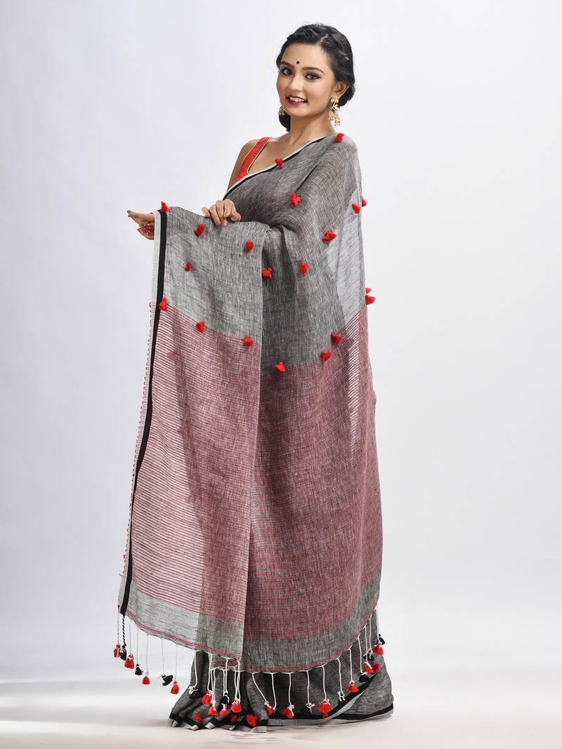 Grey linen all body pom pom with pallu stipe handwoven saree