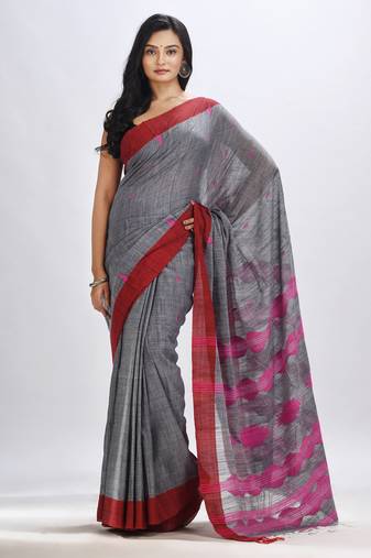 Grey cotton temple broder handwoven jamdani saree