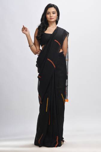 Black kantha stitch handwoven linen saree