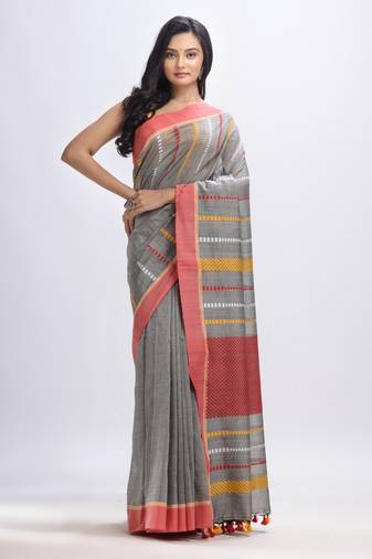 Medium grey cotton handwoven jamdani saree