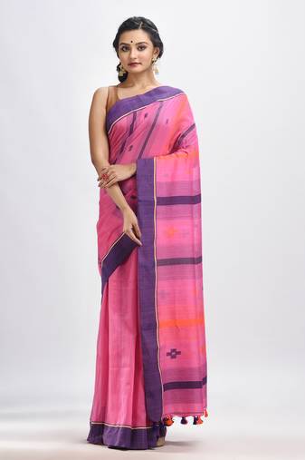 Hot pink cotton handwoven jamdani saree