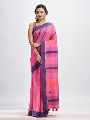 Hot pink cotton handwoven jamdani saree 1