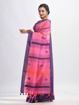 Hot pink cotton handwoven jamdani saree 3