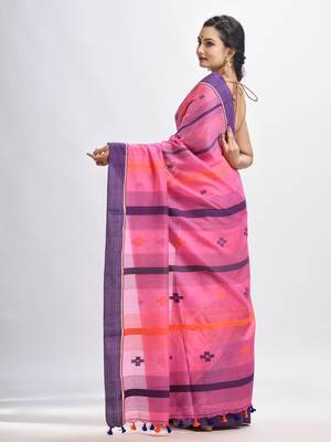 Hot pink cotton handwoven jamdani saree 4