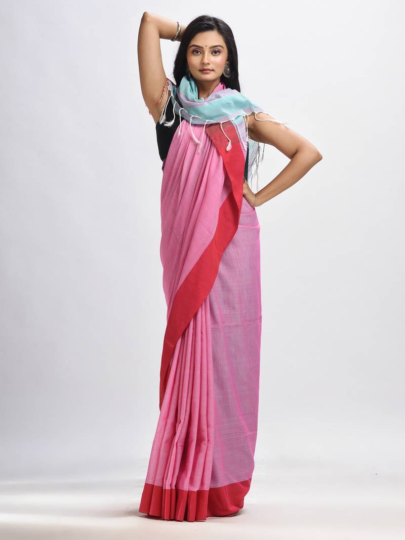 Pink cotton with solid body in sky blue pallu handloom saree