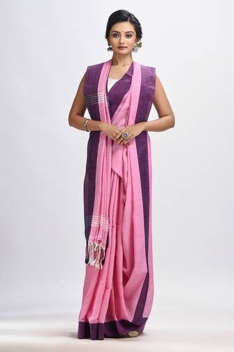 Pink cotton solid body handloom saree