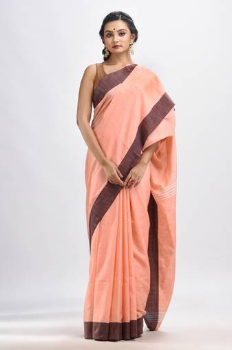 Peach cotton solid body handloom saree