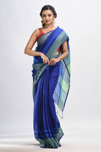 Royal blue linen with pallu stipe handloom saree
