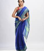 Royal blue linen with pallu stipe handloom saree