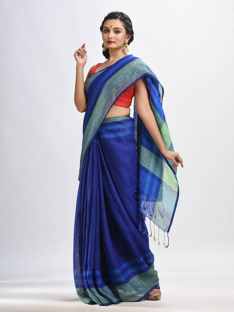 Royal blue linen with pallu stipe handloom saree