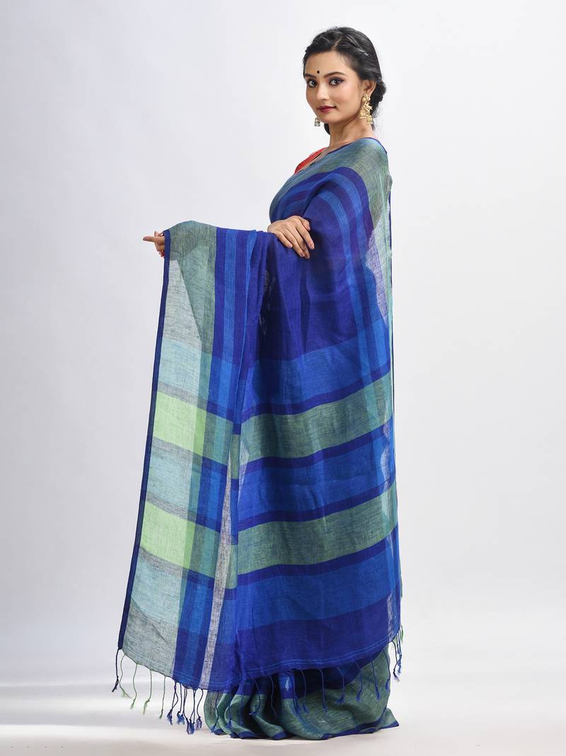 Royal blue linen with pallu stipe handloom saree