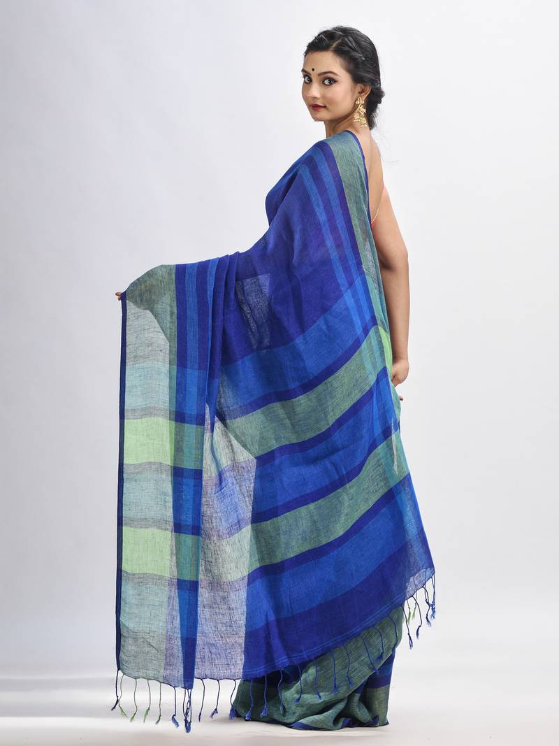 Royal blue linen with pallu stipe handloom saree