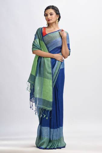 Midnight blue linen with pallu stipe handloom saree