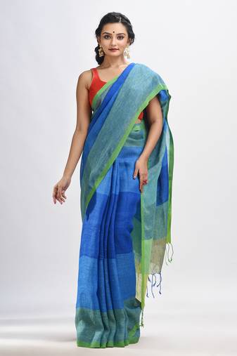 Light blue linen with pallu stipe handloom saree