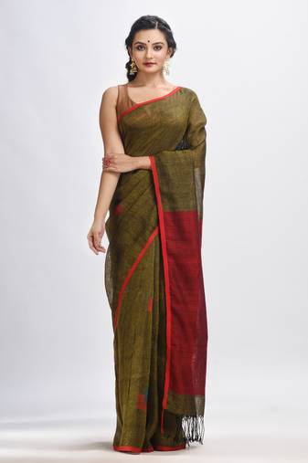 Olive green linen all body buti jamdani saree