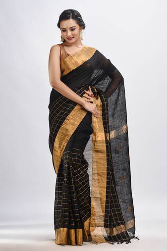 Black linen half check and huff solid body jamdani saree