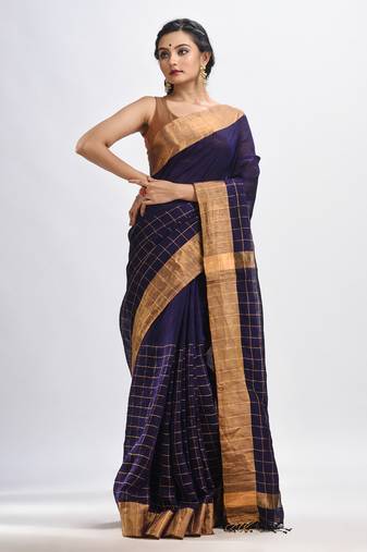 Violet linen half check and huff solid body jamdani saree