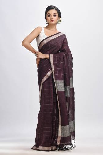 Chocolate brown Traditional Linen Jamdani Saree