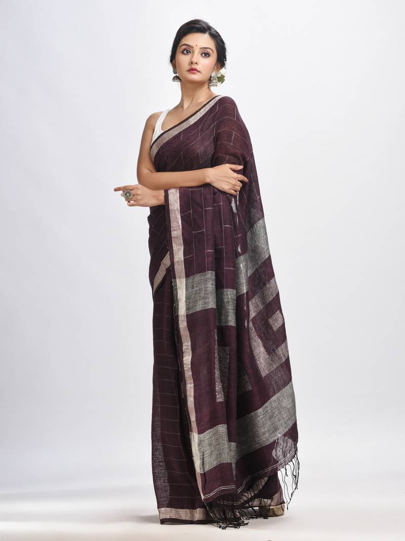 Chocolate brown Traditional Linen Jamdani Saree