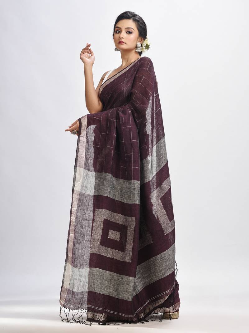Chocolate brown Traditional Linen Jamdani Saree