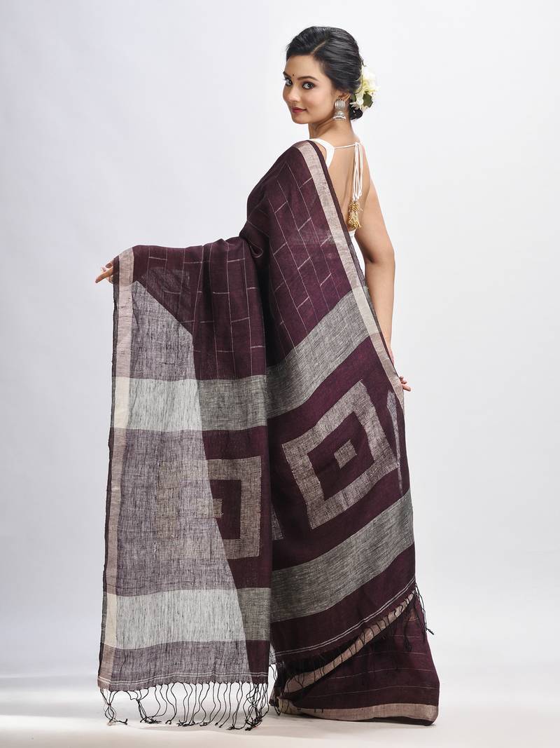 Chocolate brown Traditional Linen Jamdani Saree