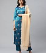 V TRADITION Women Blue Floral Embroidered Kurta with Palazzos  With Dupatta