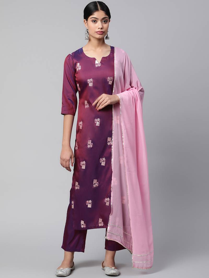 Purple Embroidered Chinon Straight Kurta Palazzos With Dupatta main image 0