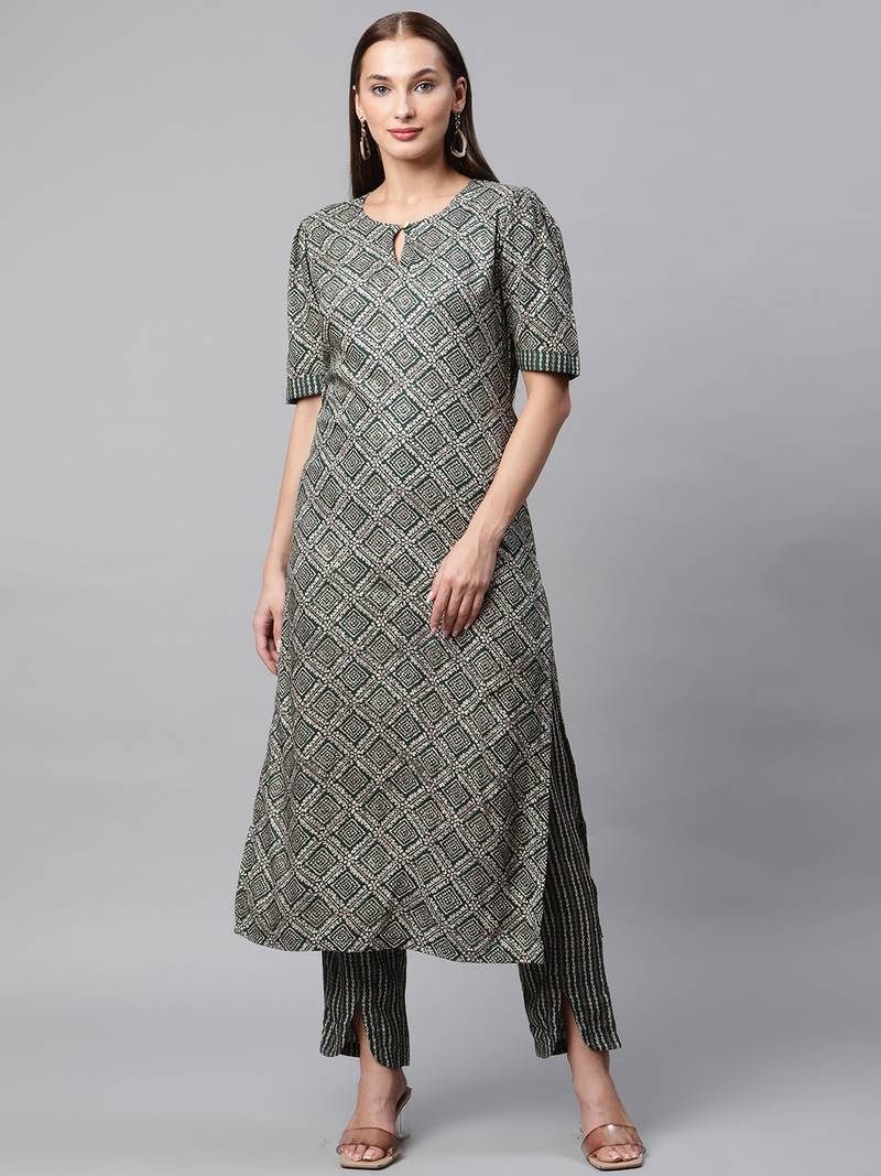 V TRADITION Women Green Printed Kurta with Palazzos